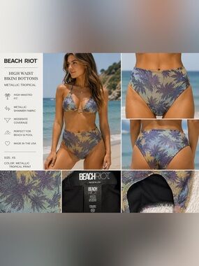 Beach Riot Metallic Tropical High-Waisted Bikini Bottoms XS Made in USA